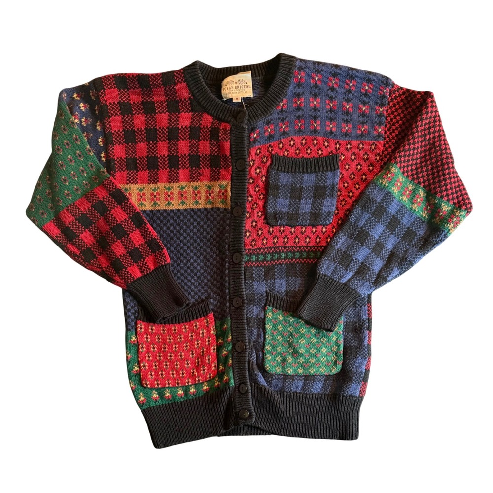 Susan Bristol Vintage Cardigan Sweater Womens S Multi Patchwork Plaid Knit 1992